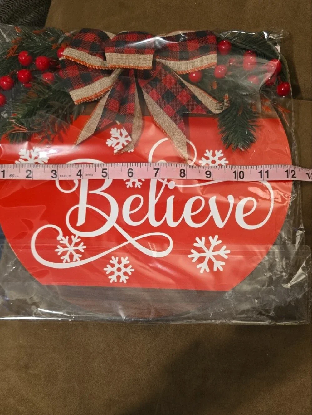 Believe Red Holiday Wooden Sign with Plaid Bow. NWT.